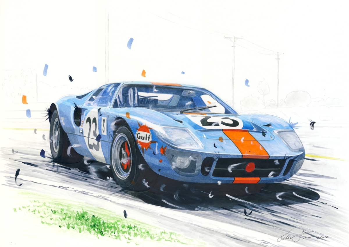 Ford GT40 sideways — motorsport artwork by Miha Furlan