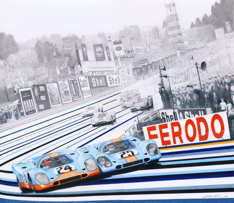 Banging wheels at Eau Rouge — motorsport artwork by Miha Furlan