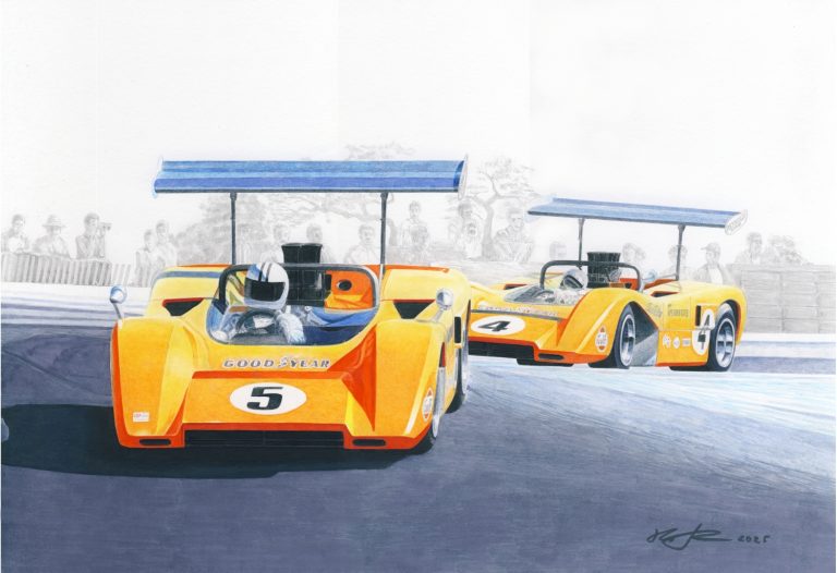 Laguna Seca McLaren domination — motorsport artwork by Miha Furlan